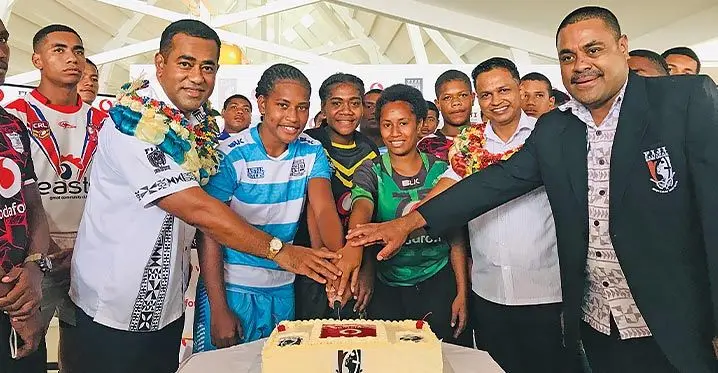 From left: Minister for Lands and Mineral Resources Filimoni Vosarogo, Vodafone Fiji chief marketing officer Rajnesh Prasad, Fiji National Rugby League board chairman Aporosa Lutunauga and captains of the participating teams during the official launch at Novotel Suva Lami Bay on February 23, 2023. Photo: Laisa Lui