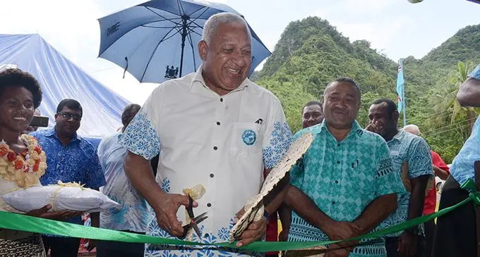 Minister for Agricuture Mahen Reddy (second from left) with Prime Minister Voreqe Bainimarama and Tui Namosi Ratu Suliano Matanitobua while opening the Namosi Government Station at Dada Namosi on February 4, 2020. Photo: Ronald Kumar.
