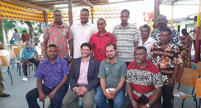 Acting Prime Minister and Attorney-General Aiyaz Sayed Khaiyum (seated, second from left) with Nalovo Sangam School management during the commissioning of the school hall on June 25, 2022. Photo: Waisea Nasokia