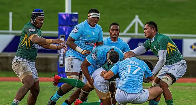 FMF Suva Under-20 forwards on defence against Tailevu in the Skipper Cup U20 clash at the HFC Bank Stadium, Suva, on August 4, 2023. Photo: Suva Rugby 