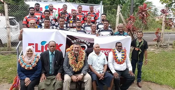 FLiCK Hygiene managing director Mohammed Tazim (sitting third from left) with Vatuwaqa Methodist Church elders and members of the rugby team on January 28, 2023. Photo: Supplied