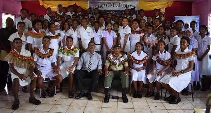 Newly inducted prefects of Seaqaqa Central College with their teachers and chief guest Captain Samuela Cikaitoga the appointed Officer Commanding Golf Company Sukunaivalu Barrack, in Labasa (fourth from the right) in Macuata on February 8, 2018. Photo: Shratika Naidu