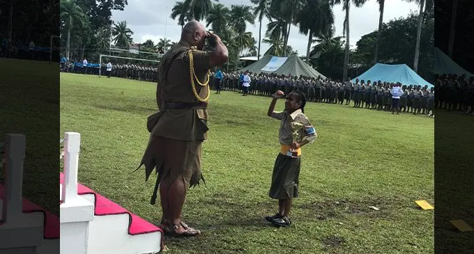 Caroline Sokiqele salutes the Republic of Fiji Military Force Land Force Commander, Brigadier General Onisivoro Niumataiwalu Covunisaqa on May 5, 2023. Photo: Jone Salusalu.