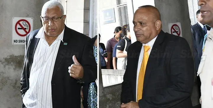 Former Prime Minister Voreqe Bainimarama  and  former Police Commissioner Sitiveni Qiliho outside the High Court in Suva on June 26, 2025. Photos: Ronald Kumar