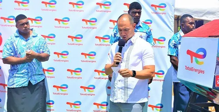 Managing director of TotalEnergies Marketing Fiji Dennis Michael Cuaycong (right), made the annoucement at TotalEnergies Hibiscus on January 27,2023. Photo: Laisa Lui