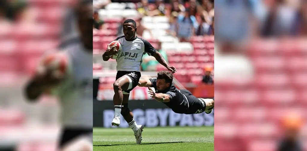 Fiji men’s rugby sevens halfback Terio Tamani in full flight against New Zealand during the Madrid Sevens in Spain on June 1, 2024. Photo: World Rugby 