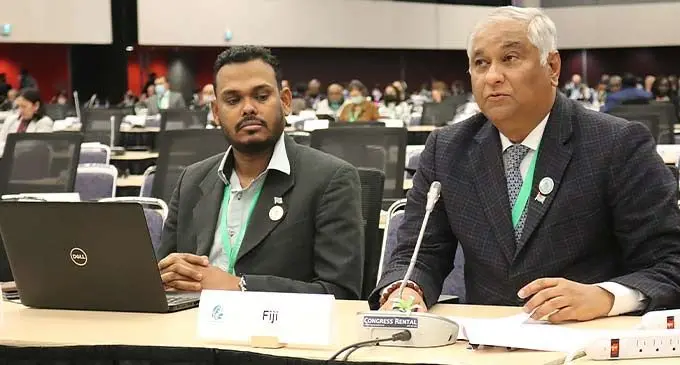 Ministry of Waterways and Environment principal environment officer, Salvin Deo, and Fiji’s Ambassador and Permanent Representative to the United Nations, Dr Satyendra Prasad, during the onvention on Biological Diversity (CBD) COP-15 High-level at Montreal, Canada, from December 7-19.