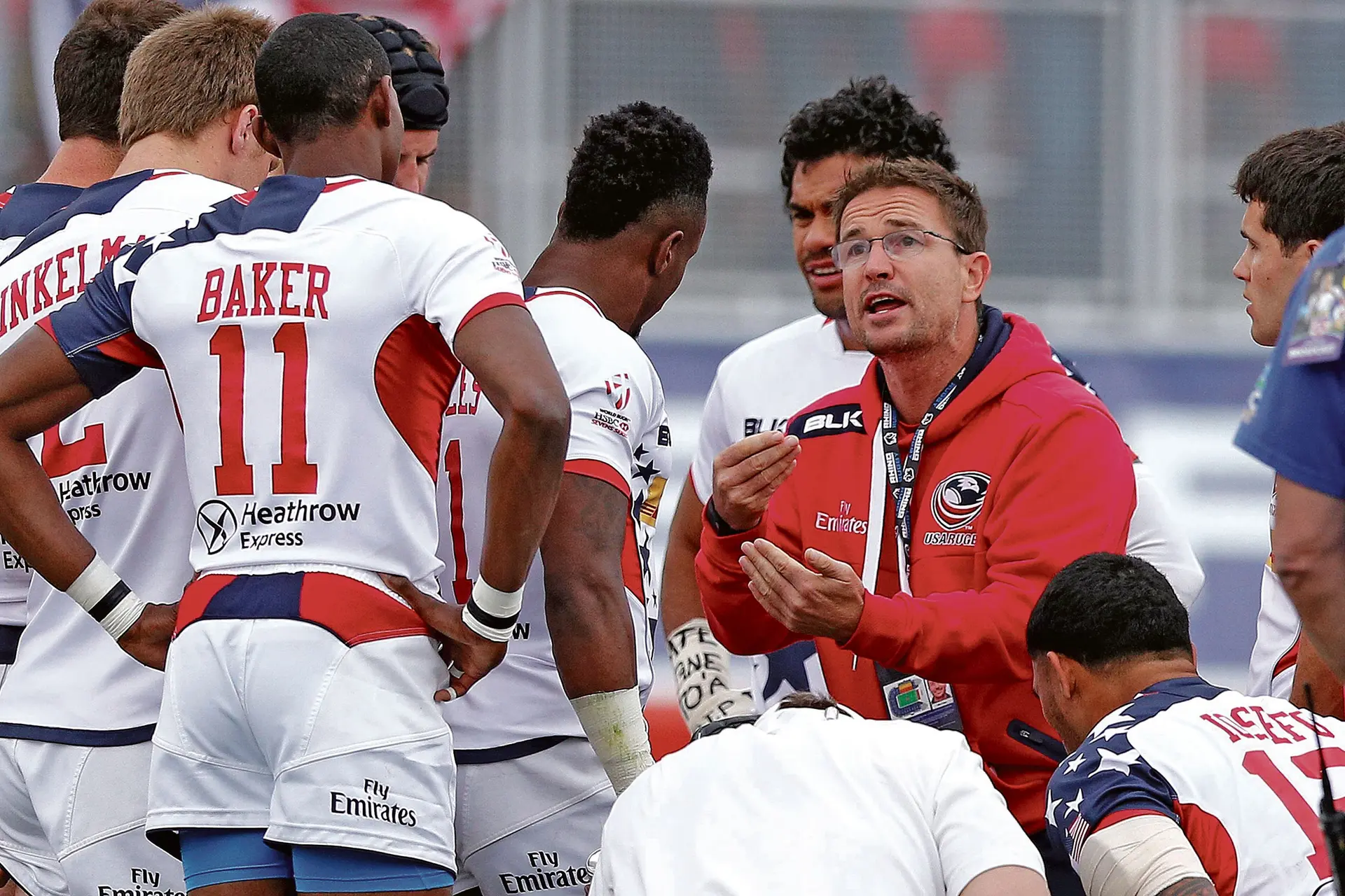 USA 7s head coach Mike Friday delivers his halftime pep talk during the World Sevens Series. Photo: World Rugby