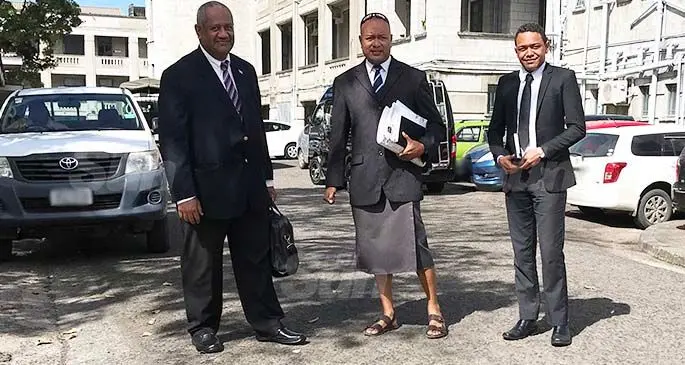 From left: Freesoul Real Estate Development (Fiji) PTE Limited Project Officer Saula Sovanivalu, lawyer David Toganivalu and Tevita Uluibau Draunidalo Cagilaba outside the courthouse in Suva on August 26, 2020. Photo: Ashna Kumar