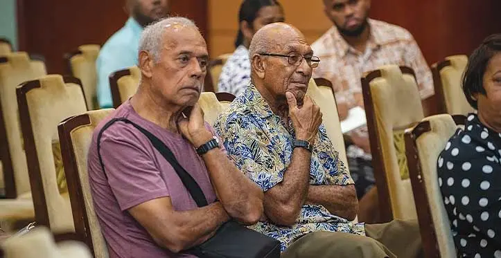 Retired school principal and Tamavua resident, Vincent McKenzie (left) with former Speaker of the House, Pita Nacuva, during Municipal Council Elections public consultations at the Suva Civic Centre on April 24, 2023. Photo: Leon Lord