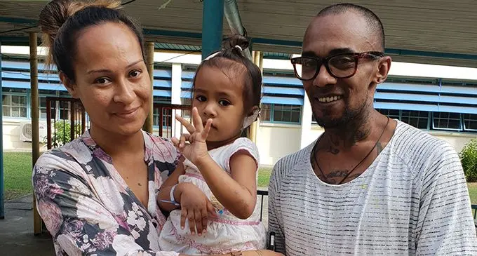 Two-year-old Amari Whippy with her relieved parents, Lydia Whippy and Billy Singh, on June 17, at the Lautoka Hospital following an attack by stray dogs. Her mother thanked Prime Minister Voreqe Bainimarama for the well wishes and his promised initiative to deal with the stray dog problem.   Words and Photo: Nicolette Chambers.   