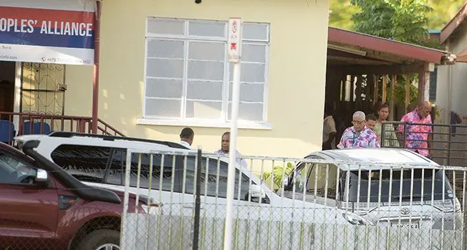 SODELPA MP and Opposition leader Ratu Naiqama Lalabalavu outside the headquarters of  The People’s Alliance party in Suva on June 9, 2022. While Fiji Sun reporter Wati Talebula-Nuku was trying  to snap a photo of Ratu Naiqama sitting in his official vehicle, a member of the PA was trying to block  her phone. Photos: Wati Talebula-Nuku / Ronald Kumar