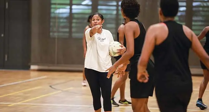 Netball Fiji Under-21 head coach Simone Nalatu (left) during the team’s training at Fiji National University Nasinu Campus on February 24, 2024. Photo: Sereana Salalo