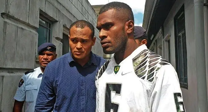 Apisai Lomani Junior and Leone Naisake outside the Suva Magistrate Court on January 18, 2019.