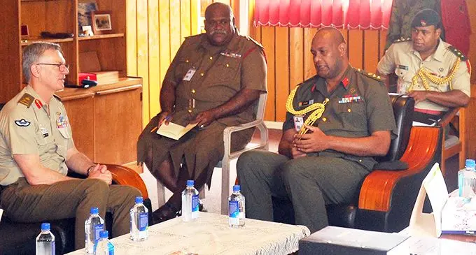 Australian Defence Force (ADF) Chief of Army Lieutenant-General Richard Maxwell (left), meets Republic of Fiji Military Forces Commander Land Force Colonel Manoa Gadai (third from left), with officers at the Queen Elizabeth Barracks. Photo: RFMF Media Cell