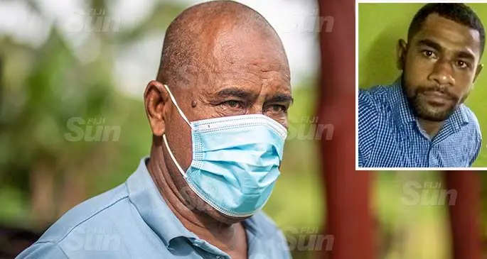 Seafarer Tevita Kapawale’s father, Semiti Rigamoto on May 22, 2021. Photo: Leon Lord. Inset: Tevita Kapawale