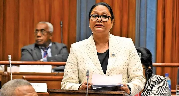 Minister for Education Premila Kumar in Parliament on November 30, 2021.   Photo: Parliament of Fiji