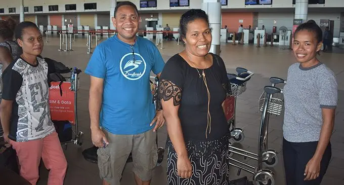 Margaret Takona, Japhet Honimae, Angela Isihanua and Crystal Konainao at the Nadi International Airport on May 27, 2020. Photo: WAISEA NASOKIA