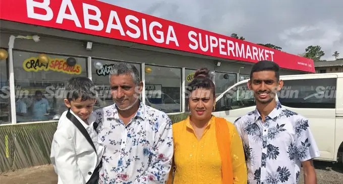 Titi’s Group managing director Saifud Dean with his wife, Joti Mala and sons, Shanud Dean and Shoaibud Dean during the opening of Babasiga Supermarket in Labasa on July 7, 2022. Photo: Shratika Naidu