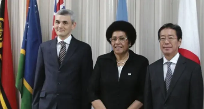  From left: Country director and head of Pacific regional policy and programme in the UNDP office in Fiji, Bakhodir Burkhanov, Fijian Parliament Speaker Dr Jiko Luveni and Charge d’Affaires of the Embassy of Japan Tsuguyoshi Hada after the signing of a FJ$10.3 million agreement. Photo: Fijian Parliament