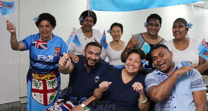 ANZ Fiji staff members in Suva showing their support for our Fiji Airways Flying Fijians on September 20, 2019. Photo: Kelera Sovasiga
