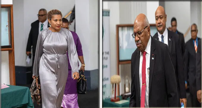 Minister for Women, Children and Social Protection Lynda Tabuya retained her Cabinet seat after a decision by Prime Minister Sitiveni Rabuka (right). Photos: Leon Lord