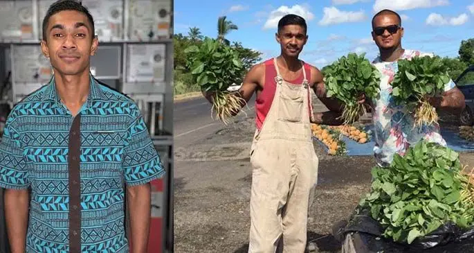 Avikash Lal in his flight attendant uniform (left) and him now, selling vegetables at the Votualevu roundabout in Nadi. Photo: Waisea Nasokia