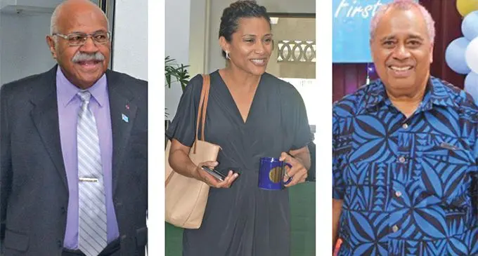 L-R: Opposition leader Sitiveni Rabuka,  Opposition Whip Lynda Tabuya, Unity Fiji leader Savenaca Narube.