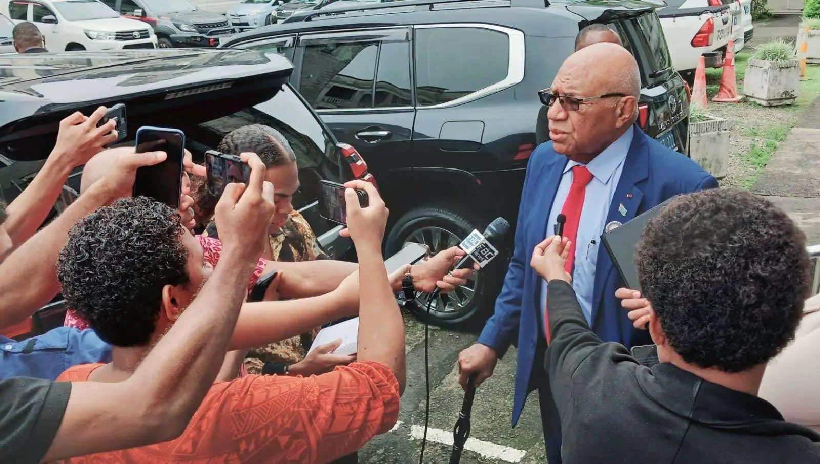 Prime Minister Sitiveni Rabuka during a doorstop interview with Fijian journalists.