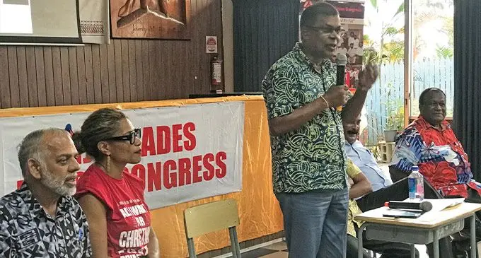 National Federation Party candidate Agni Deo Singh, The People’s Alliance deputy leader Lynda Tabuya and National Federation Party leader Biman Prasad at the Fiji Teachers Association in Suva on December 1, 2022. Photo: Nacanieli Tuilevuka