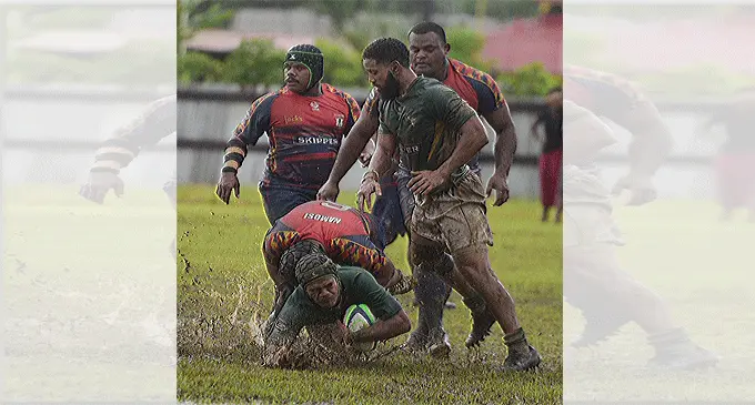 Photo caption: Tailevu forwards on the move against Namosi at Thomson Park, Navua, this afternoon. Photo: Ronald Kumar