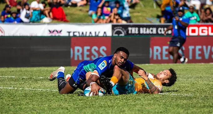 Swire Shipping Fijian Drua centre Iosefo Masi scores the first of his three tries against Moana Pasifika at Lautoka’s Churchill Park, this afternoon, Lautoka. Photo: Leon Lord