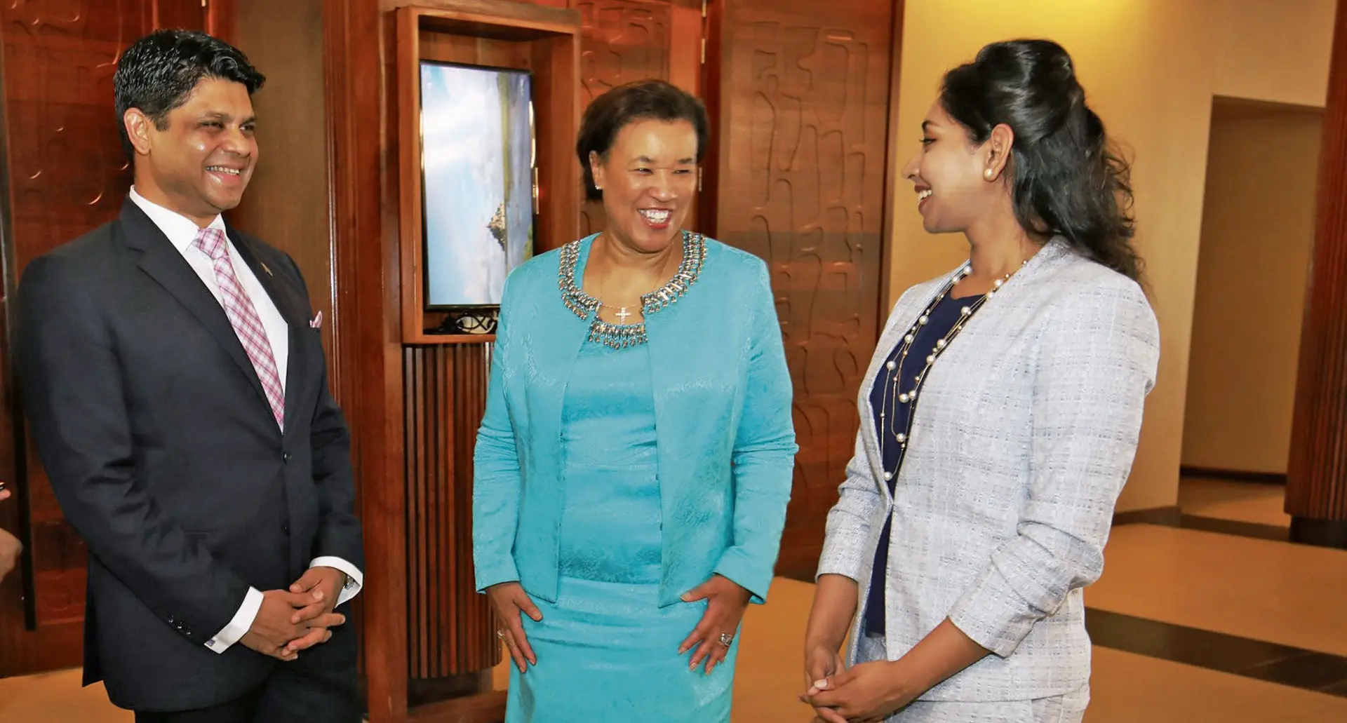 From left: Attorney-General and Education Minister Aiyaz Sayed-Khaiyum with the Secretary-General of the Commonwealth  Baroness Patricia Scotland and Commonwealth Students Association chair Musarrat Maisha Reza at the Integrated Partners’ Forum opening at Sheraton Fiji Resort on Denarau Island, Nadi on February 19, 2018.  Photo: DEPTFO News