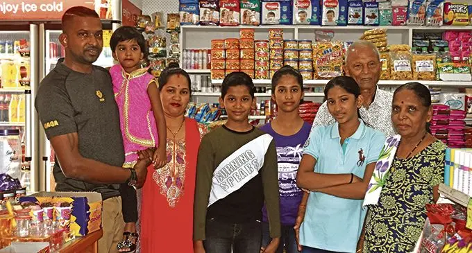 Hari Sharma (left) with his extended family inside Hari’s Fairprice Supermarket in Wailevu, Labasa on April 22, 2021.  Photo: Shratika Naidu