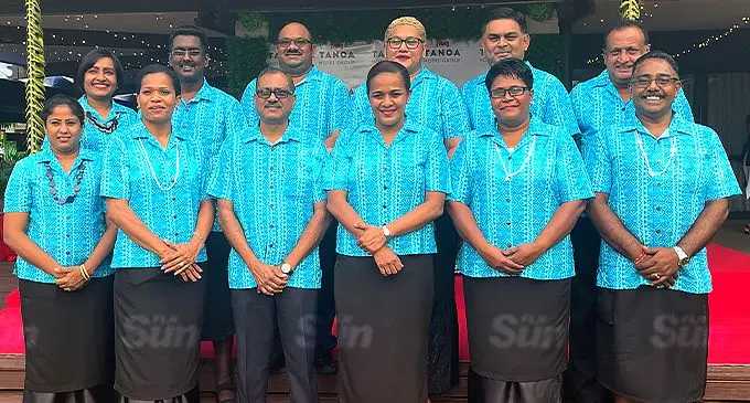 At the Tanoa Waterfront Hotel in Lautoka yesterday, preparing to launch Christmas events. Back (from left): Tanoa Waterfront Hotel manager Ashlyn Naicker, Tanoa Rakiraki Executive Assistant manager Avinesh Mani, Tanoa International Hotel general manager Daniel Roy, Tanoa International Hotel Team Leader Front Office Akanisi Naivalurua, Reddy Group Financial controller Shaneel Padarath, Tanoa Skylodge Hotel manager Raj Singh. Front (from left): Tanoa Rakiraki hotel manager Rameshwari Mani, Tanoa International Hotel operations manager Jeanette Mario, Tanoa Hotel Group Area General Manager, Narend Kumar, Tanoa Plaza Hotel manager Mere Rakoroi, Tanoa Group compliance manager Esita Mara and Tanoa Group sales and revenue manager Kushend Kumar on November 24, 2021. Photo: Maraia Vula