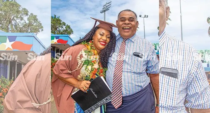 Graduate Penina Waqatabu (l) with her father Kisoko Waqatabu after the University of the South Pacific graduation at the FMF Gymnasium, Laucala Bay on 13, May 2022. Photo: Leon Lord