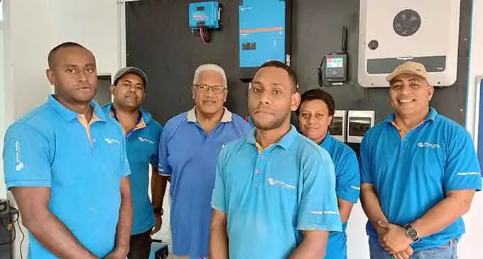 From left: Solar Fiji staff members Walsall Muavesi, Joni Ravai, managing director, Joe Beraki, Semiti Tuivou, Lice Ratulevu and John Aitcheson. Photo: Nicolete Chambers