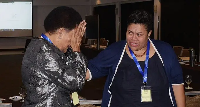 An emotional Adi Litia Qionibaravi (left), with Tanya Waqanika following the suspended SODELPA Management Board meeting at the Holiday Inn Suva on June 18, 2020.  Photo: Ronald Kumar