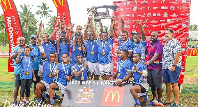 Police team with their i-wau trophy after winning the McDonalds Fiji Coral Coast sevens on January 18, 2020. Photo: David Clifton Photography