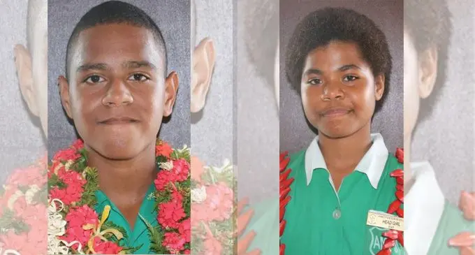 Left: Ahmadiyya Muslim Primary School head boy Penioni Kuinikoro. Photo: Fiji Police Force Right: Ahmadiyya Muslim Primary School head girl Makereta Turagasila. Photo: Fiji Police Force