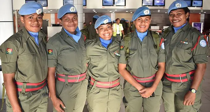 From left: Republic of Fiji Military Forces personnel from left: Private Basilisa Nadreke, Lance Corporal Alisi Dului, Sergeant Losalini Nakoto, Private Unaiasi Nayaki,and Lance Corporal Elenoa Daveta at the Nadi International Airport on March 2, 2020. Photo: Waisea Nasokia