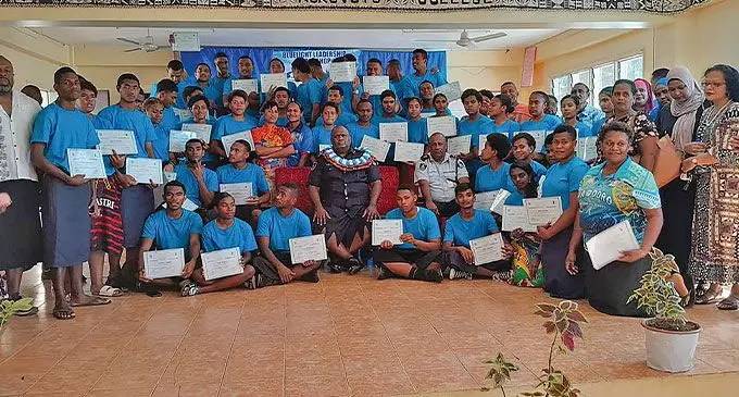 Divisional Police Commander West Senior Superintendent of Police (SSP) Iakobo Vaisewa with students and teachers at Korovuto College in Nadi.