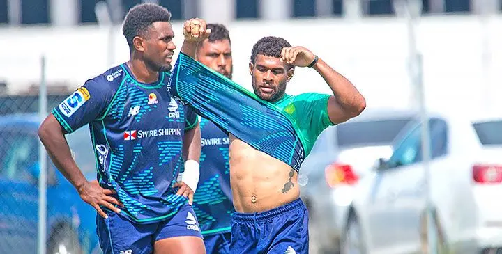 Fijian Drua players (left-right) Vuate Karawalevu, Haereiti Hetet and Simione Kuruvoli during training at the Fiji Airways Park in Legalega, Nadi, on May 7, 2025. They are all in tonight’s starting line-up against the Blues. Photo: Fijian Drua.