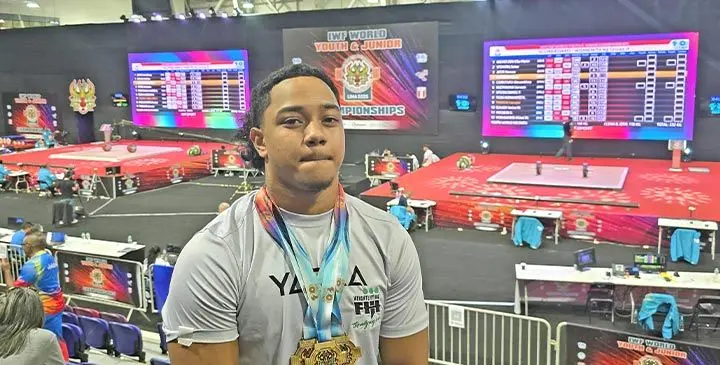 Nehemiah Elder (left) with his three gold medals at the 2025 IWF World Youth Championships in Lima, Peru. Photos: Weightlifting Fiji