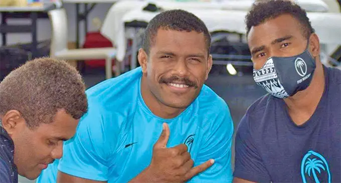 From left: Team Fiji men’s rugby sevens team video analyst, Pita Taoi, Jiuta Wainiqolo and captain Seremaia Tuwai. in Nadi on August 7, 2021