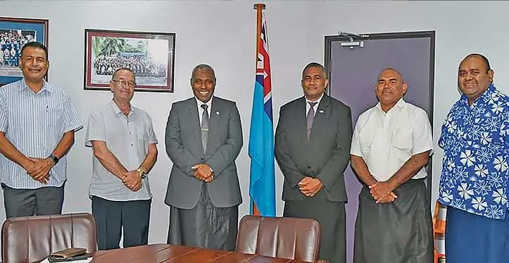 New Fiji Rugby Union trustees, (from left), Alipate Naiorosui, Peter Mazey, Attorney-General Siromi Turaga, Solicitor-General Ropate Green Lomavatu, Mosese Naivalu and FRU interim administrator Simione Valenitabua. Photo: DEPTFO