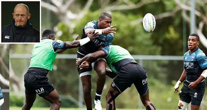 Fiji Airways Fijian 7s prop Josua Vakurinabili flicks the ball after being tackled during training while Asaeli Tuivuaka and Napolioni Bolaca look on. They take on Kenya, New Zealand and Wales in this weekend’s Sydney 7s in Australia. Photos: World Rugby. Inset:  Paul Feeney.