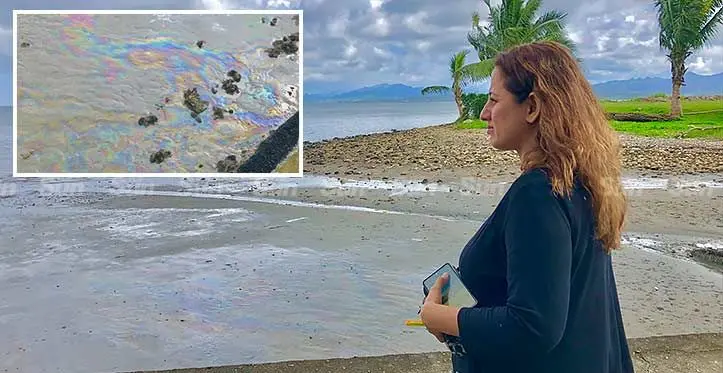 Director for Environment Sandeep Singh at Nasese , Suva on June 19, 2023. Inset: The oil spill along Nasese, Suva on June 19, 2023. Photos: Beranadeta Nagatalevu/Leon Lord