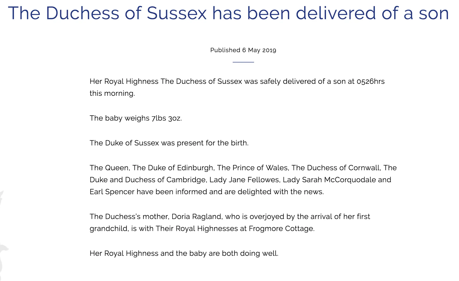 The statement that announced the birth.