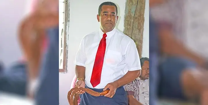 Minister for Lands Filimoni Vosarogo. presents a traditional apology to Namosi landowners in Namosi Village on June 5, 2025. Photo: Asenaca Ratu